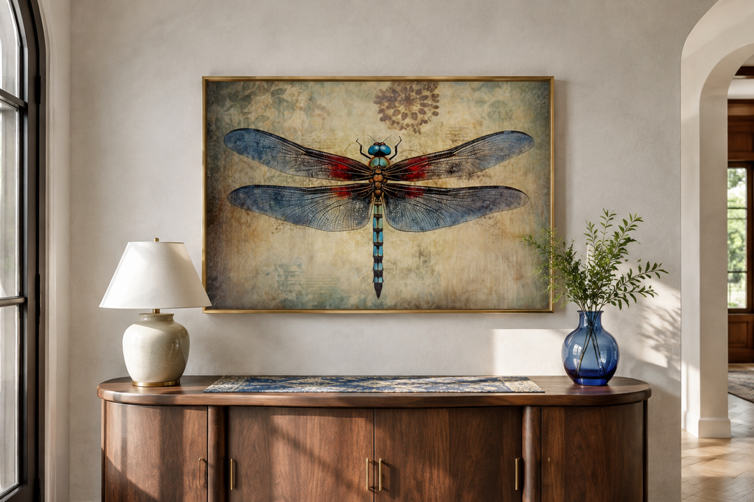 Dragonfly vintage rustic framed canvas wall art hanging above a wooden sideboard.