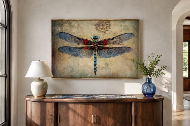 Dragonfly vintage rustic framed canvas wall art hanging above a wooden sideboard.