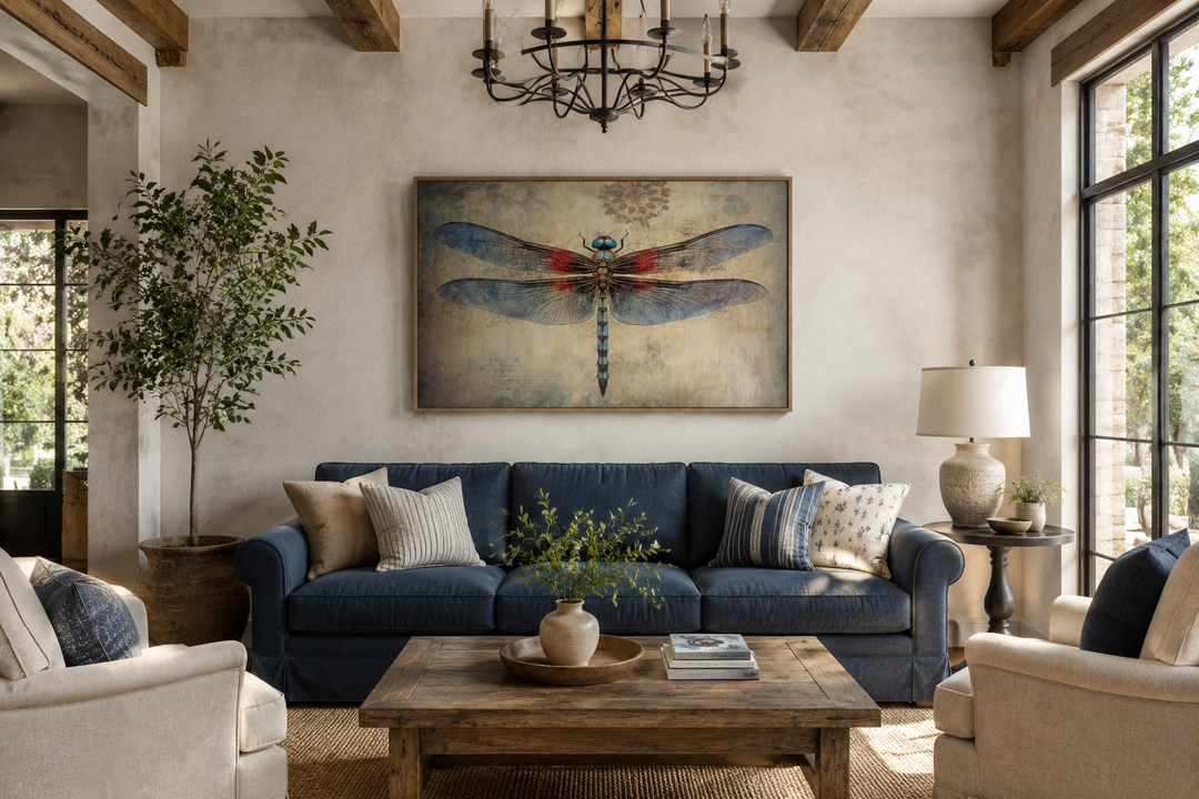 Dragonfly vintage rustic framed canvas wall art hanging above a blue sofa in a farmhouse living room