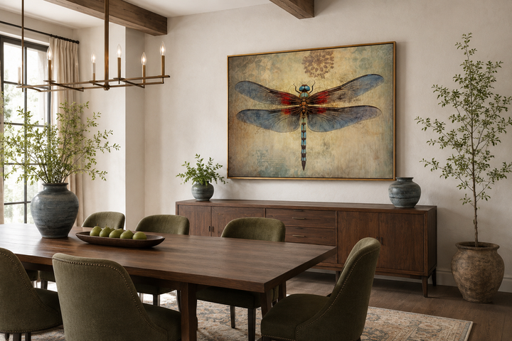 Dragonfly vintage rustic framed canvas wall art hanging above a wooden sideboard in a dining room.