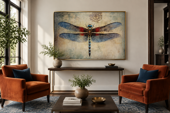 Dragonfly vintage rustic framed canvas wall art above a console table in a living room.