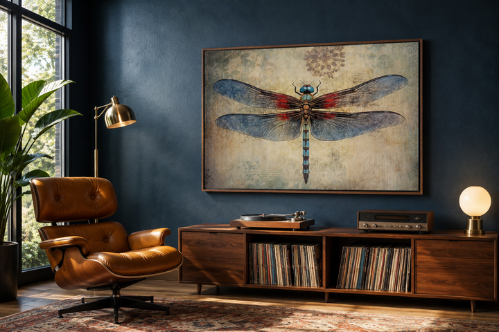 Dragonfly vintage rustic framed canvas wall art hanging above a wooden media console in a room.