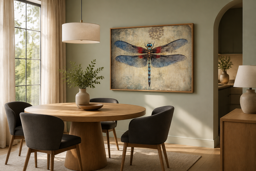 Dragonfly vintage rustic framed canvas wall art hanging in a modern dining room setting.