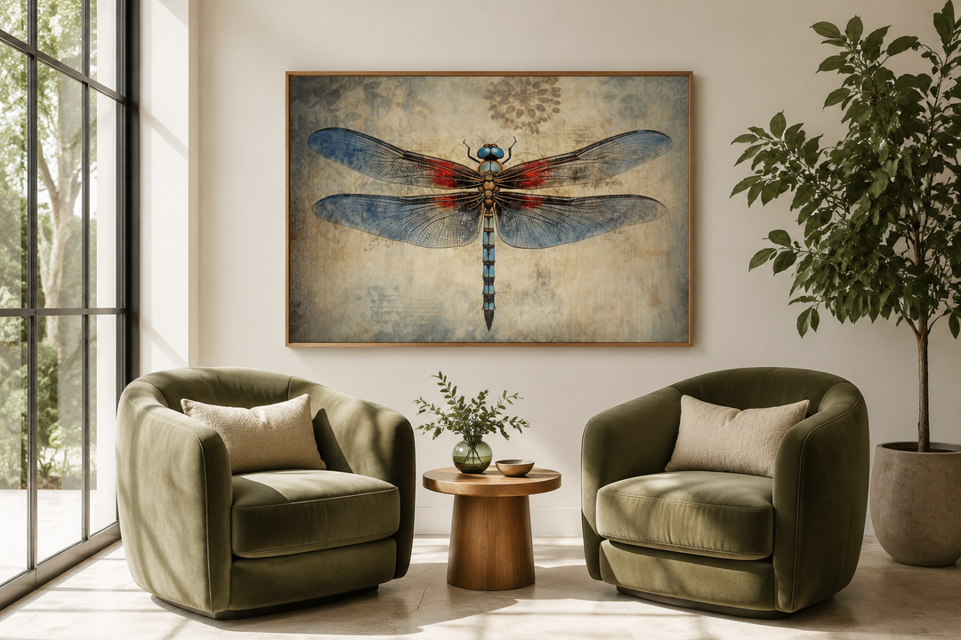 Dragonfly vintage rustic framed canvas wall art above two green velvet chairs in a sunlit room.