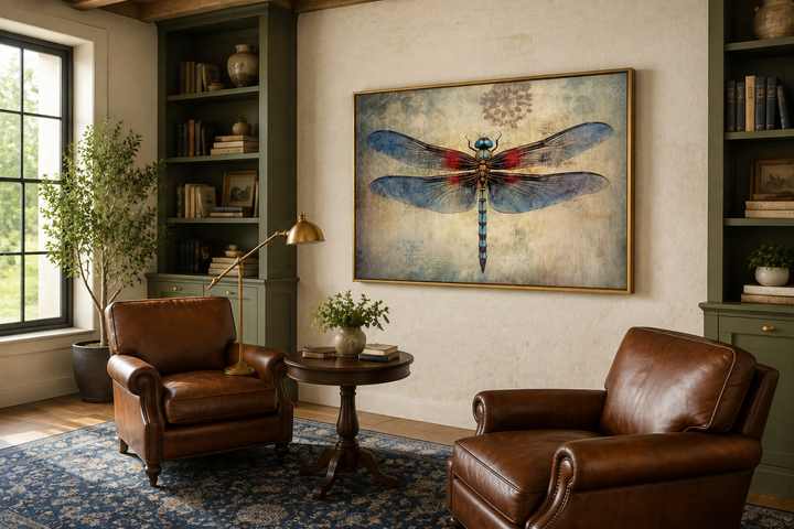 Dragonfly Vintage Rustic Framed Canvas Wall Art hanging in a cozy living room with leather chairs.