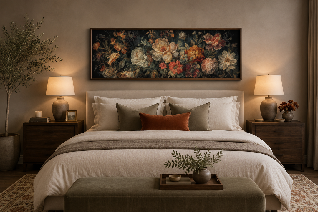 Long horizontal antique style moody floral tapestry framed canvas wall art hanging above a bed.