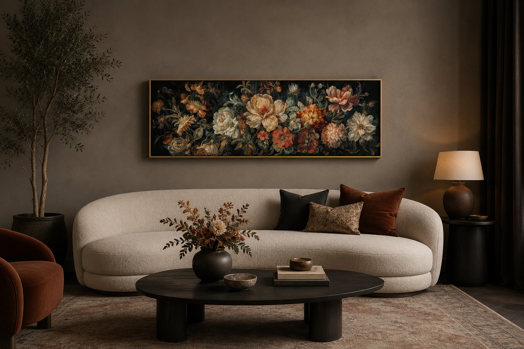 Long horizontal framed canvas wall art featuring an antique-style moody floral tapestry design.
