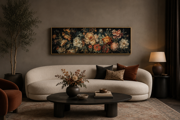 Long horizontal framed canvas wall art featuring an antique-style moody floral tapestry design.
