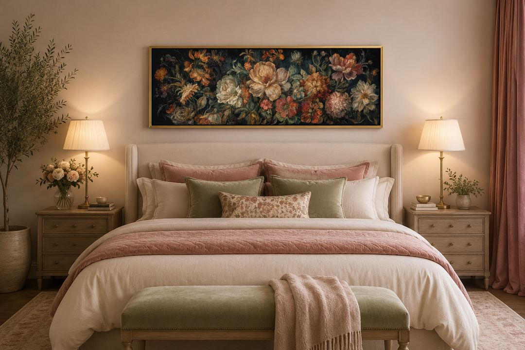 Long horizontal antique style moody floral framed canvas wall art hanging above a bed.