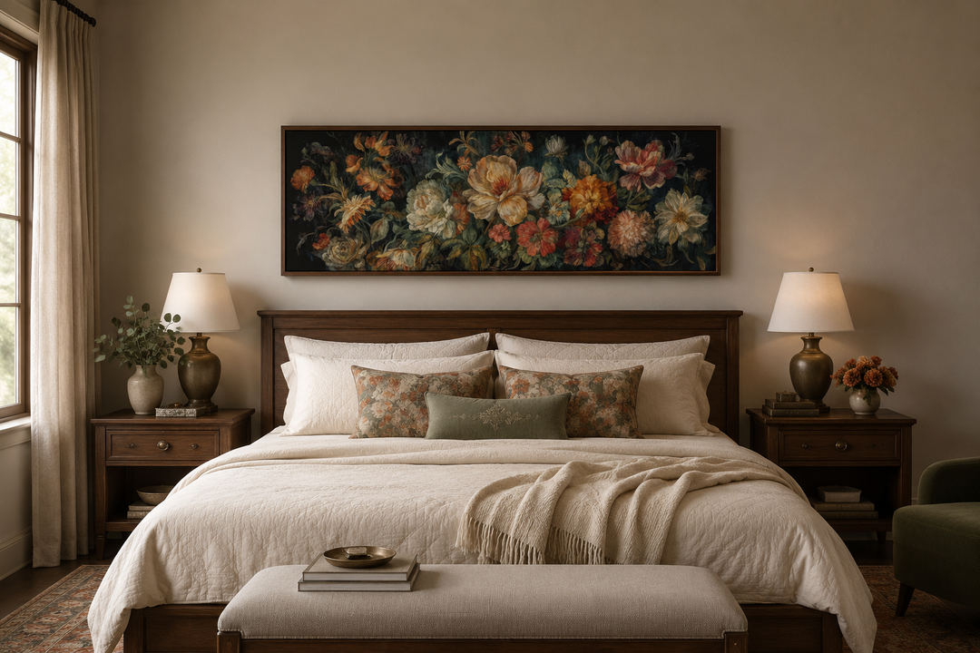 Long horizontal antique style moody floral tapestry framed canvas wall art hanging above a bed.