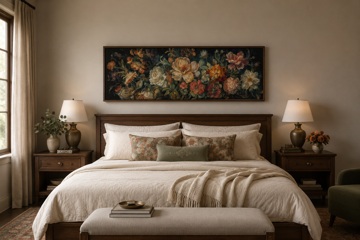 Long horizontal antique style moody floral tapestry framed canvas wall art hanging above a bed.