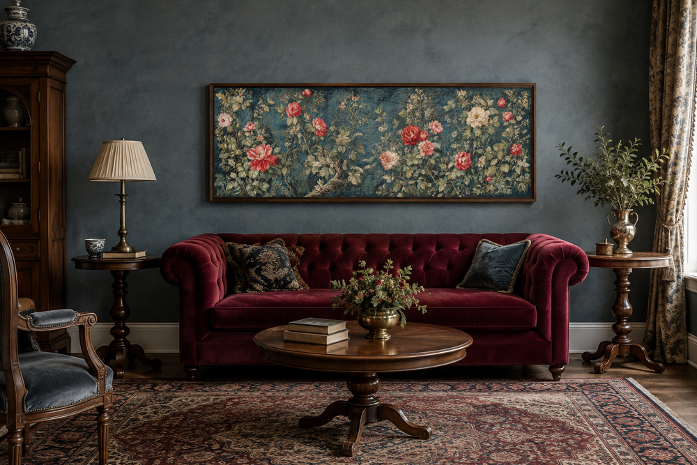 Long narrow horizontal vintage framed wall tapestry with red and white flowers on a dark background.
