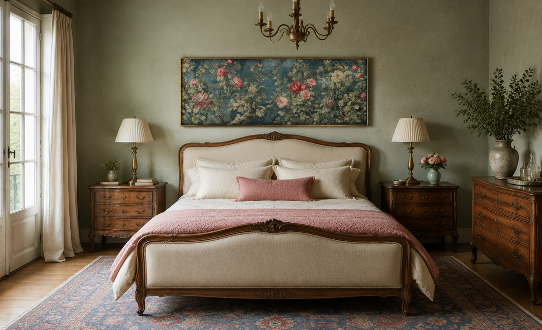 Long narrow horizontal vintage framed wall tapestry on canvas with floral design above a bed.
