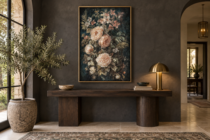 Vintage floral framed canvas wall art with cream flowers on a dark green background.