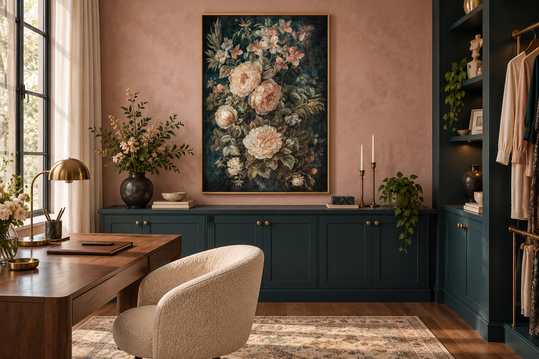 Vintage floral tapestry canvas wall art with cream flowers on a dark green background in a gold frame