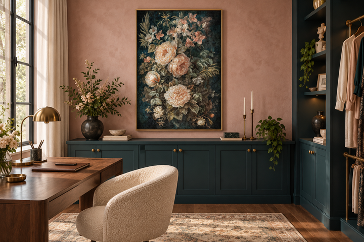 Vintage floral tapestry canvas wall art with cream flowers on a dark green background in a gold frame