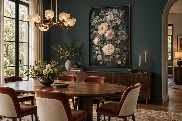 Vintage floral tapestry canvas wall art with cream flowers on a dark green background in a room.