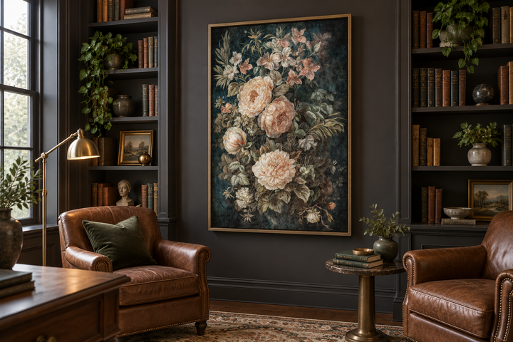 Vintage floral tapestry canvas wall art with green and cream flowers in a dark study room.