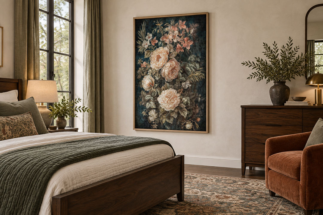 Vintage Flowers Green Cream Framed Tapestry Canvas Wall Art hanging in a cozy bedroom.