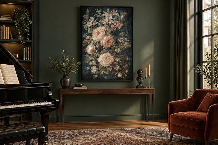 Vintage floral tapestry canvas wall art with cream flowers on a dark green background in a room.