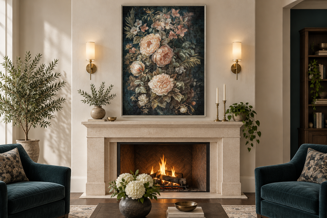 Vintage floral tapestry canvas wall art with cream flowers on a dark green background over a mantel