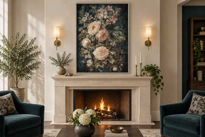 Vintage floral tapestry canvas wall art with cream flowers on a dark green background over a mantel