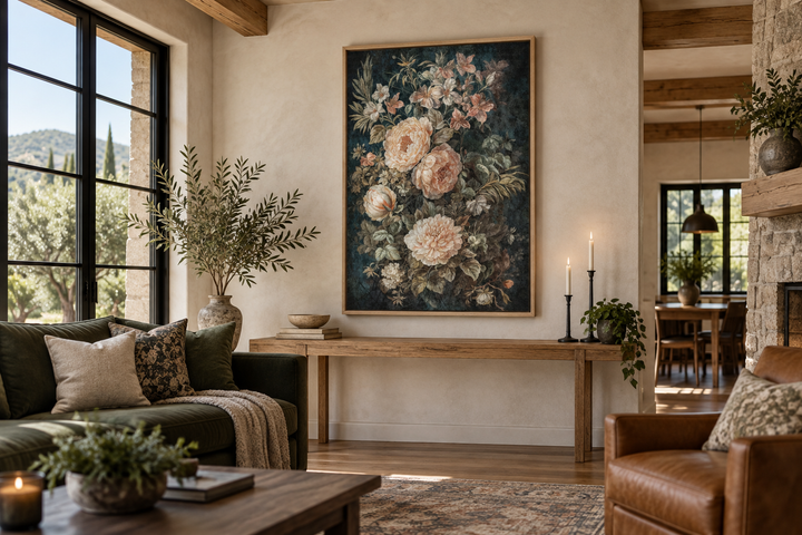 Vintage floral tapestry canvas wall art with green and cream flowers in a rustic living room.