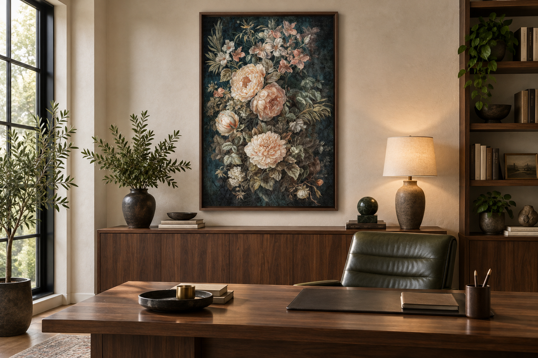 Vintage floral tapestry canvas wall art with green and cream flowers in a dark wood frame.