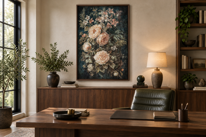 Vintage floral tapestry canvas wall art with green and cream flowers in a dark wood frame.