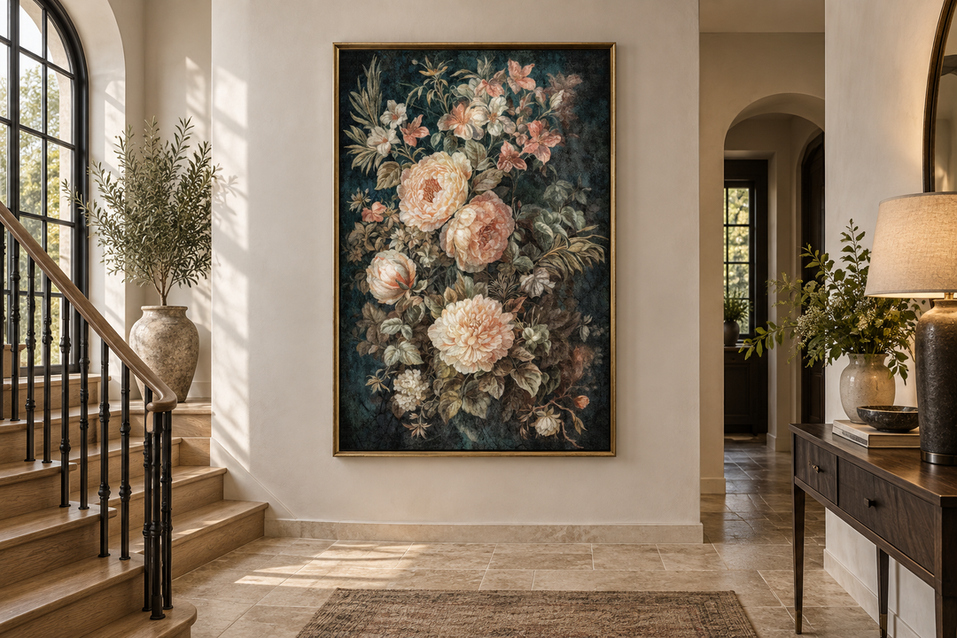 Vintage floral tapestry canvas wall art with cream flowers on a dark green background in a hallway.