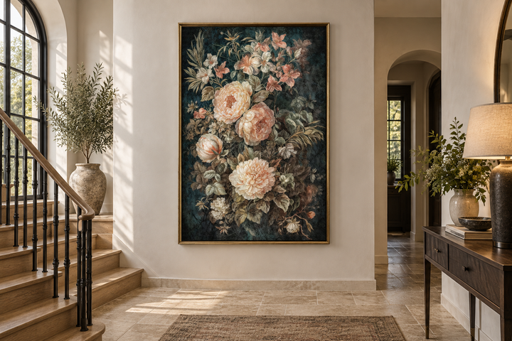Vintage floral tapestry canvas wall art with cream flowers on a dark green background in a hallway.
