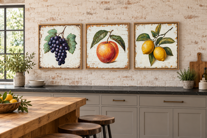 Set of three vintage fruit canvas prints featuring grapes, a peach, and lemons on a brick wall.