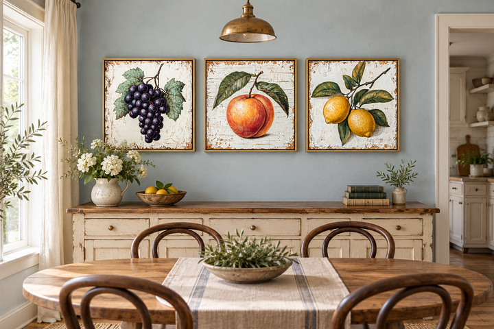 Vintage fruit canvas triptych featuring grapes, a peach, and lemons in a farmhouse dining room.