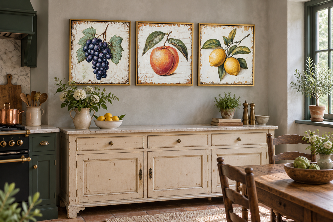 Set of three vintage fruit canvas prints featuring grapes, a peach, and lemons in gold frames.