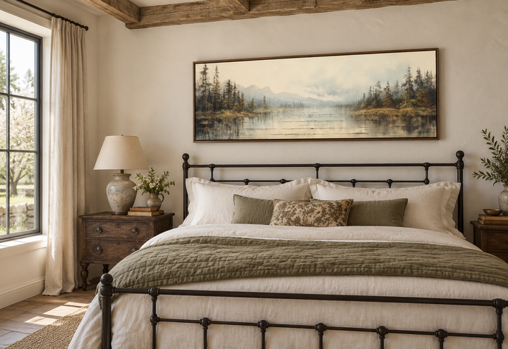 Vintage neutral lake landscape long horizontal wall art hanging above a rustic farmhouse bed.