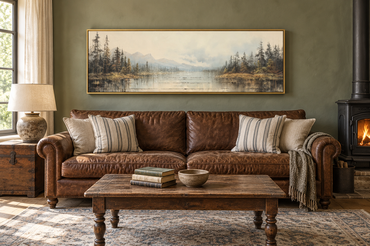 Vintage neutral lake landscape horizontal wall art in a gold frame above a brown leather sofa.