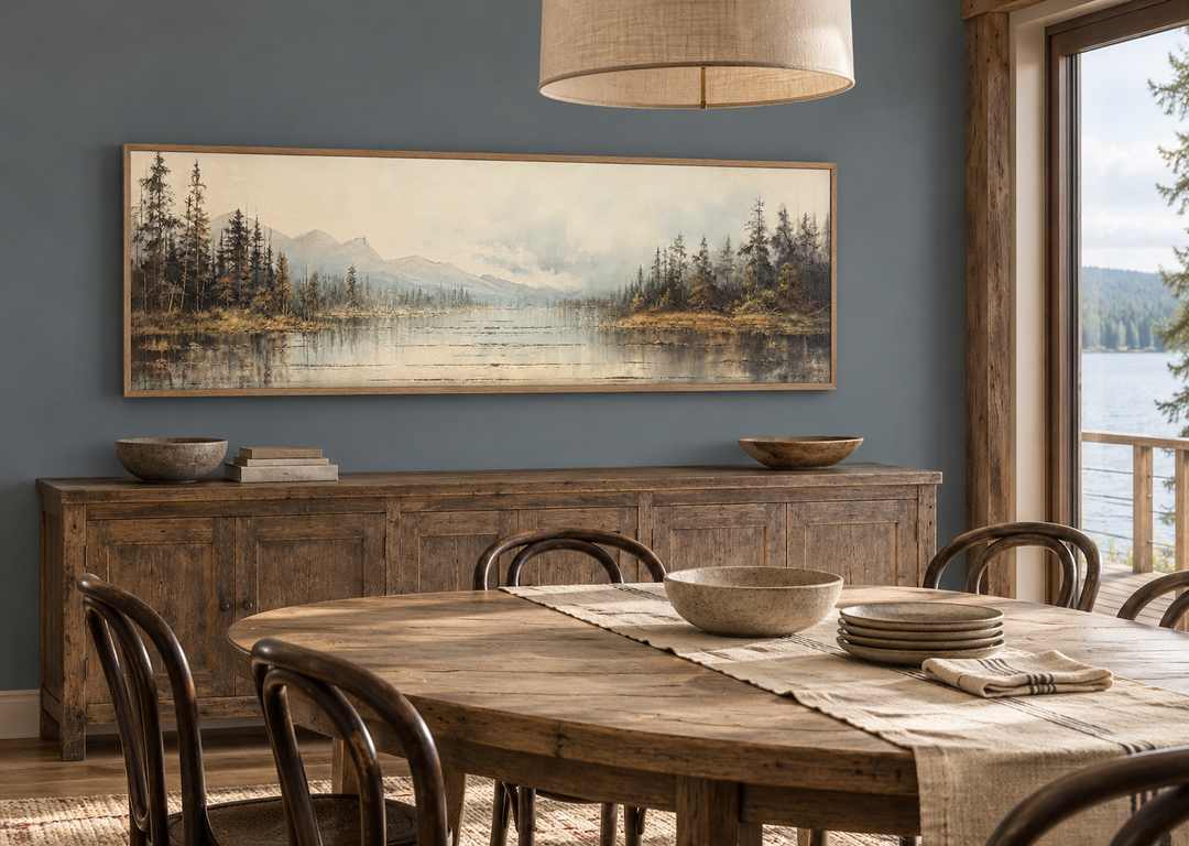 Vintage neutral lake landscape long horizontal wall art in a wooden frame above a sideboard.