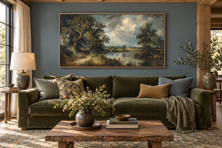 Vintage lake landscape framed canvas wall art hanging above a green velvet sofa in a living room.