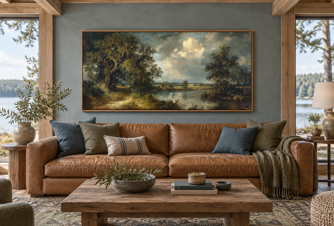 Vintage lake landscape framed canvas wall art hanging above a brown leather sofa in a living room.