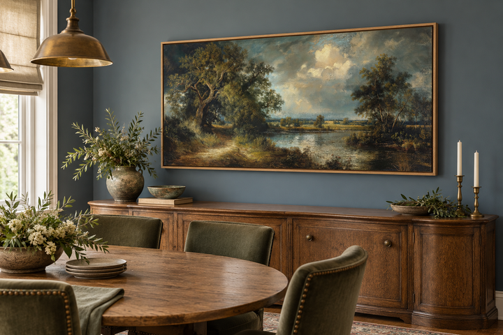 Vintage lake landscape framed canvas wall art hanging above a wooden sideboard in a dining room.