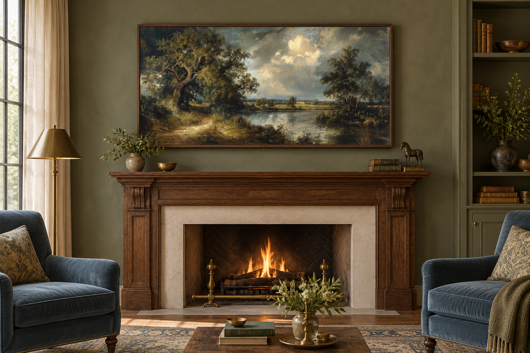 Vintage lake landscape framed canvas wall art hanging above a wooden fireplace mantel.
