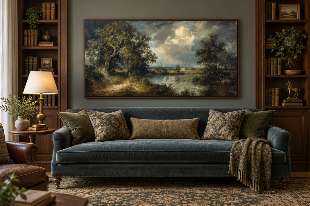 Vintage lake landscape framed canvas wall art hanging above a blue velvet sofa in a library.