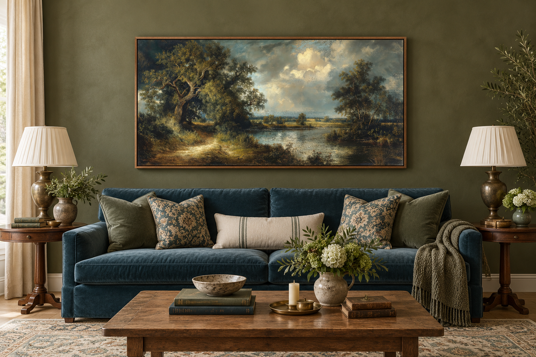 Vintage lake landscape framed canvas wall art hanging above a blue sofa in a green living room.