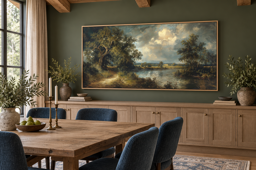 Vintage Lake Landscape Framed Canvas Wall Art hanging above a wooden sideboard in a dining room.