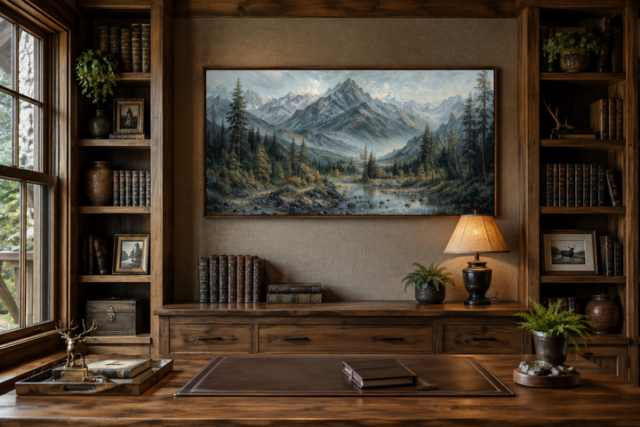 Mountain river landscape framed canvas art in a rustic cabin office setting above a wooden desk.