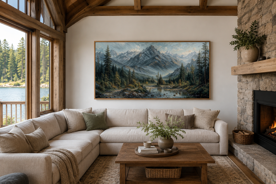 Mountain river landscape framed canvas art in a rustic living room above a cream sectional sofa.