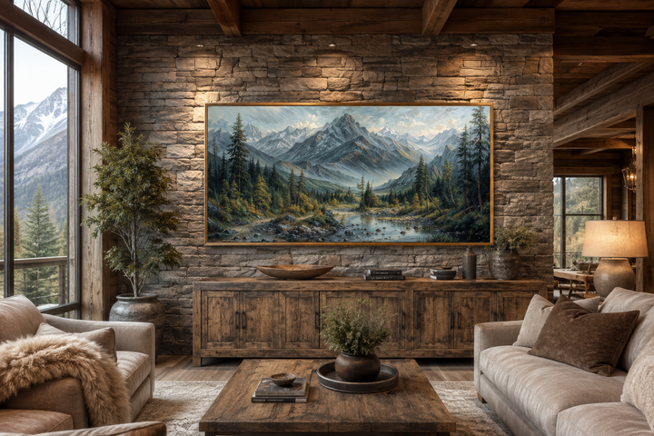 Mountain river landscape framed canvas art in a rustic cabin living room with stone walls.