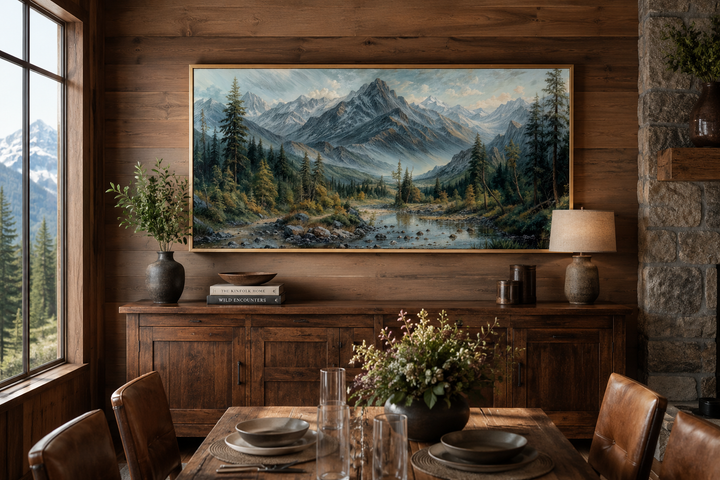 Mountain river landscape framed canvas art in a rustic cabin dining room above a wooden sideboard.