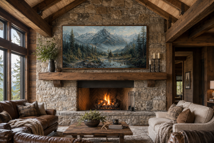 Mountain river landscape framed canvas art above a stone fireplace in a rustic cabin living room.