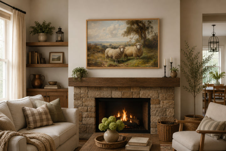 Vintage pastoral canvas wall art featuring two sheep in a meadow above a stone fireplace.